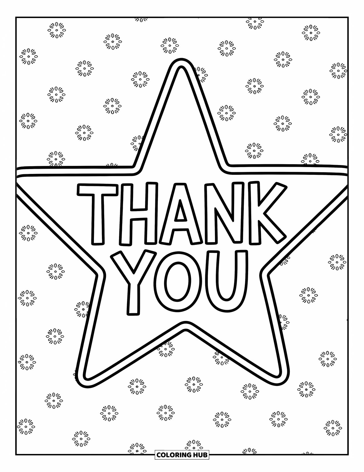 Thank You Coloring Page for Kids: "Thank You" stretches across a star with wide points and fun patterns around the edges
