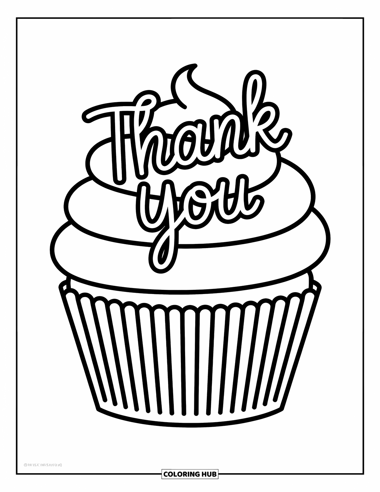 Thank You Coloring Page for Kids: "Thank You" swirls on a cupcake's frosting, simple and sweet for little artists