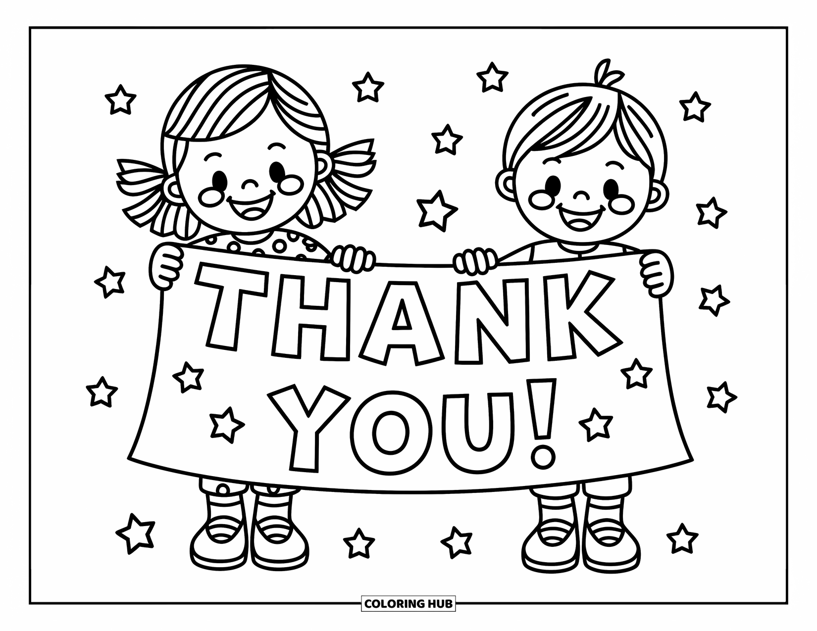 Thank You Coloring Page for Kids: Two cheerful kids lift a thank-you banner with stars and flowers scattered nearby