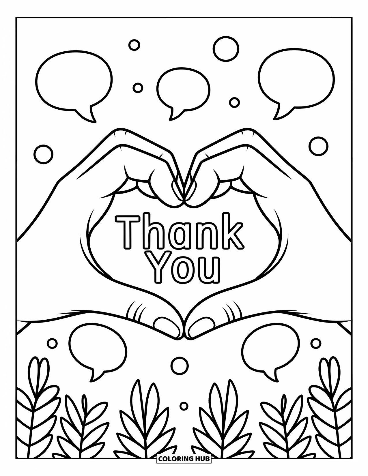 Thank You Coloring Page for Kids: Two hands shape a heart over "Thank You" with playful patterns filling the background