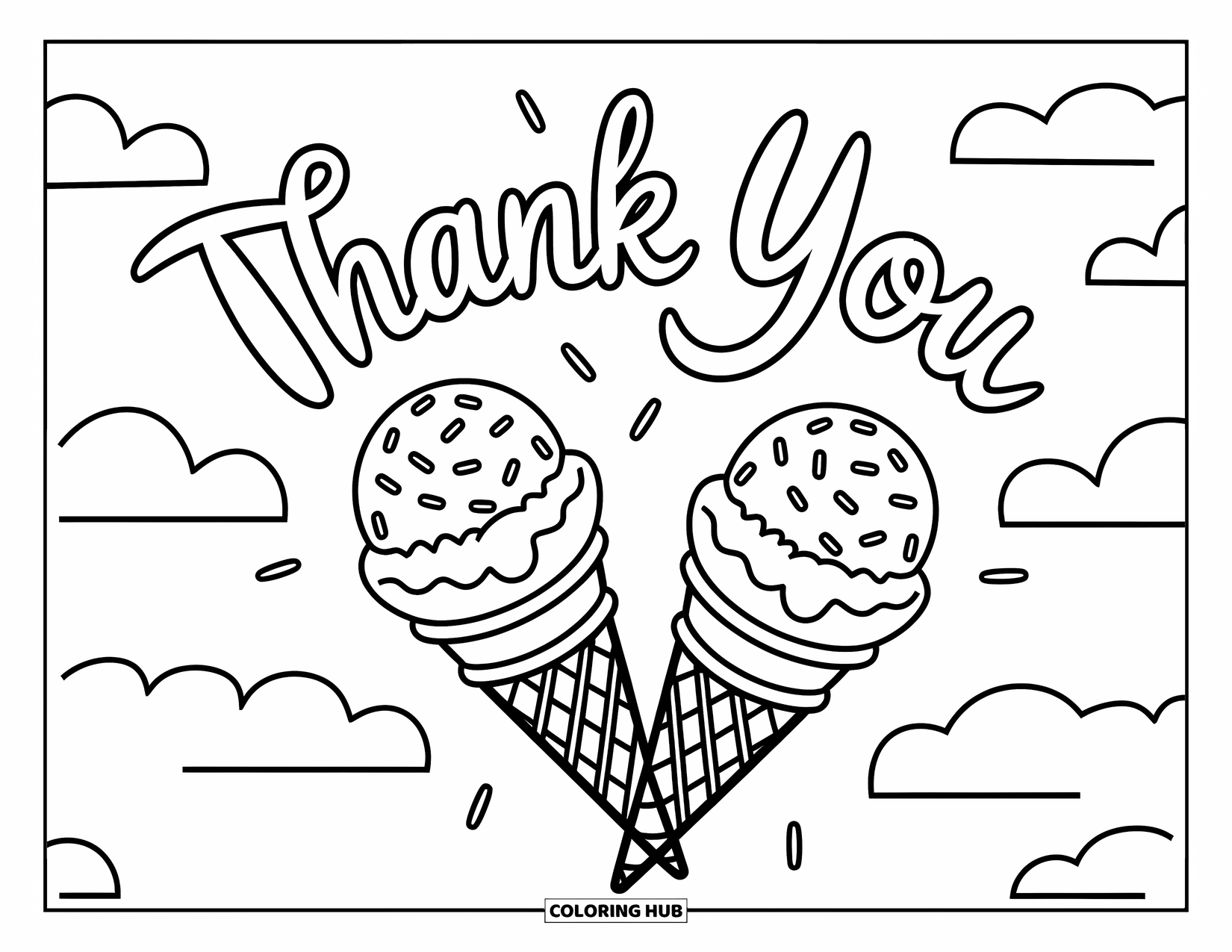 Thank You Coloring Page for Kids: Two ice cream cones clink together under "Thank You" with sprinkles and clouds all around