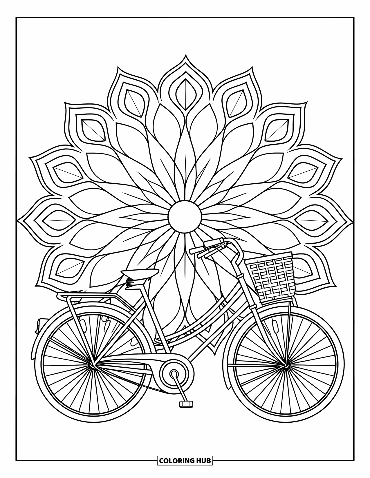 Desen de colorat cu mijloace de transport pentru adulți: O bicicletă cu coș stă în fața unei mandale mari florale și cu frunze