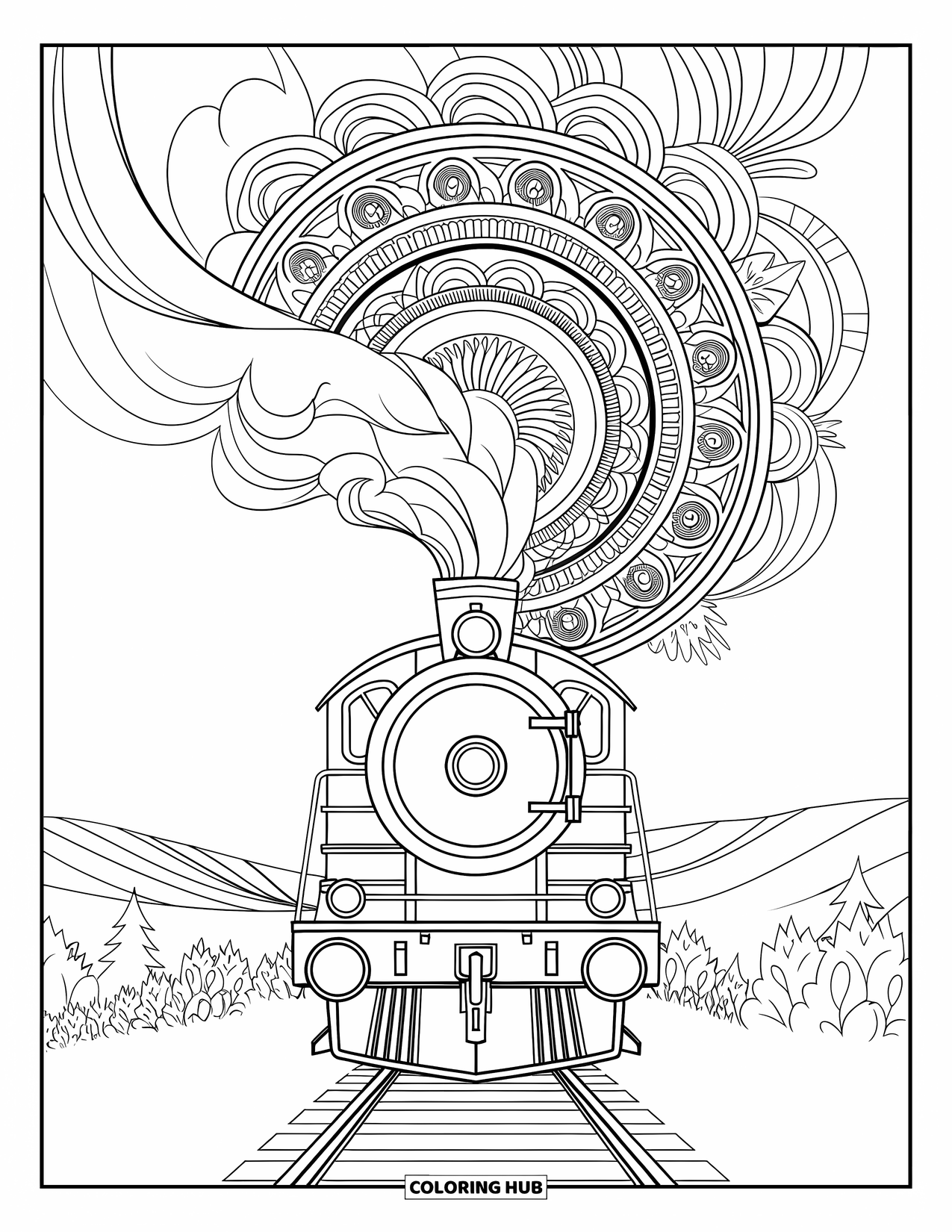 Desen de colorat cu mijloace de transport pentru adulți: Un tren îndrăzneț traversează dealuri cu mandale rotitoare în spate