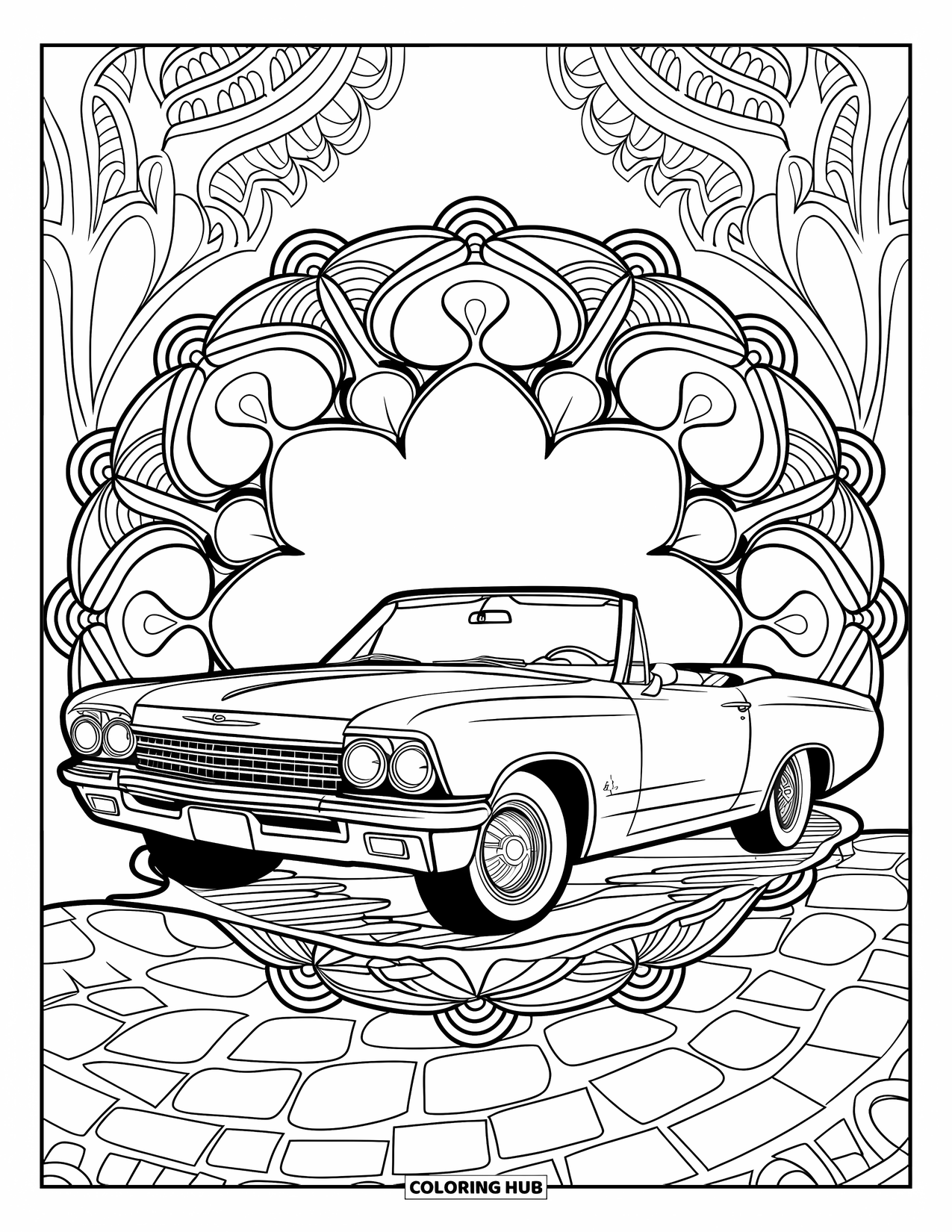 Desen de colorat cu mijloace de transport pentru adulți: O mașină decapotabilă stă pe o potecă încadrată de o mandala florală decorativă