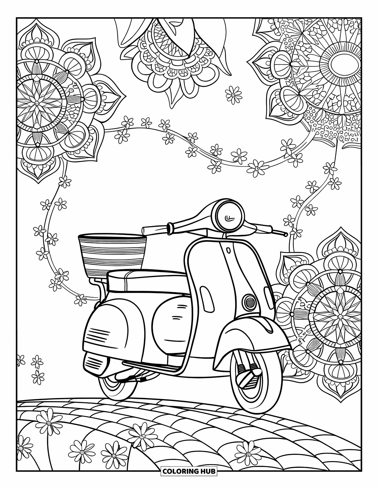 Desen de colorat cu mijloace de transport pentru adulți: O scenă confortabilă cu o trotinetă, încadrată de mandale de lalele și flori sălbatice delicate