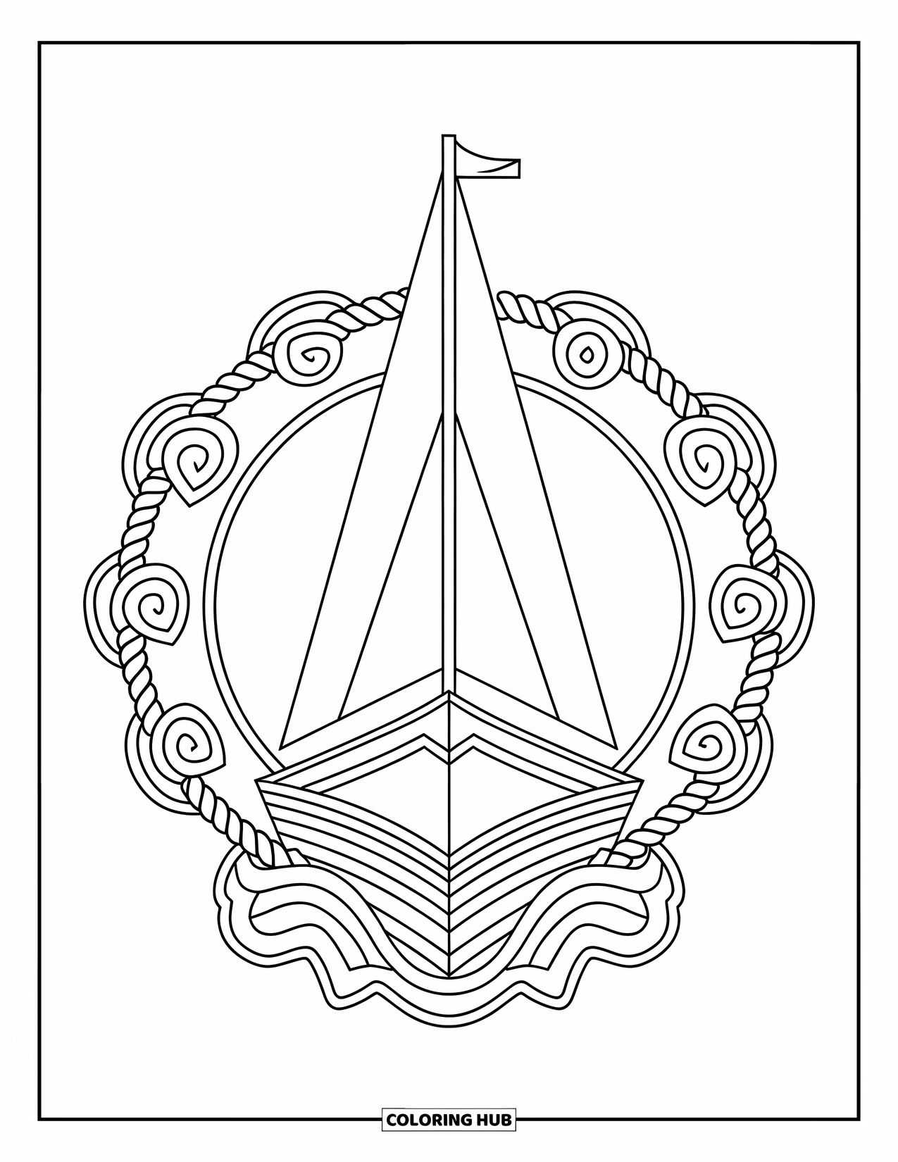 Desen de colorat cu mijloace de transport pentru adulți: O barcă cu pânze andocată este înfășurată în modele de frânghii și valuri pe un fundal alb
