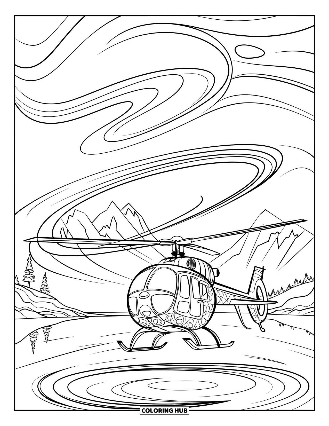 Desen de colorat cu mijloace de transport pentru adulți: Un elicopter planează deasupra unui lac și a munților, înconjurat de modele rotitoare