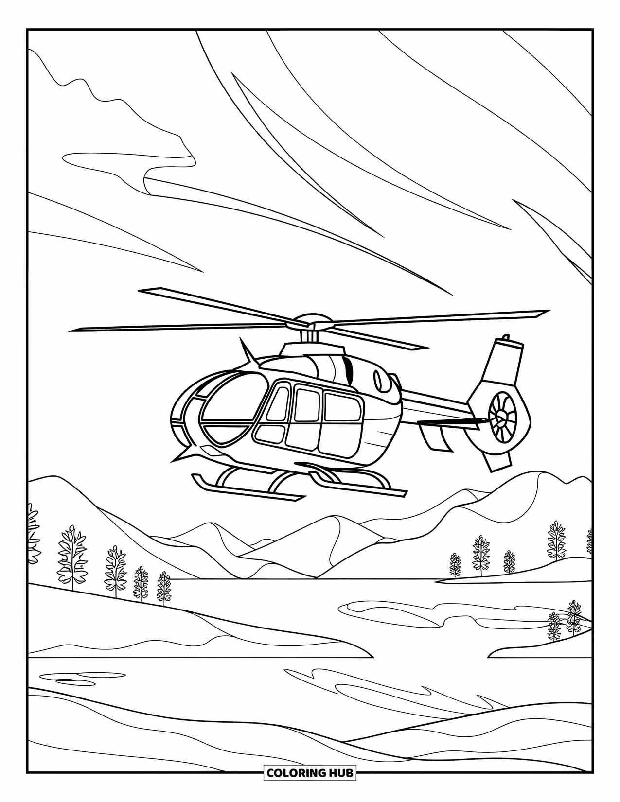 Desen de colorat cu mijloace de transport pentru adulți: Un elicopter se rotește printr-un model de vânt mandala deasupra unui lac liniștit de munte