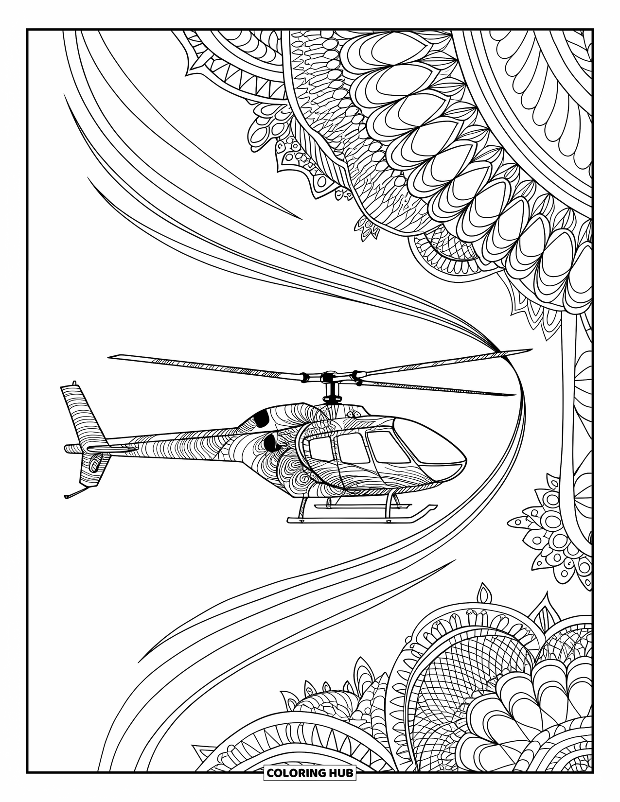 Desen de colorat cu mijloace de transport pentru adulți: Un elicopter care plutește este înfășurat în vârtejuri mandala asemănătoare vântului și peisaje pașnice
