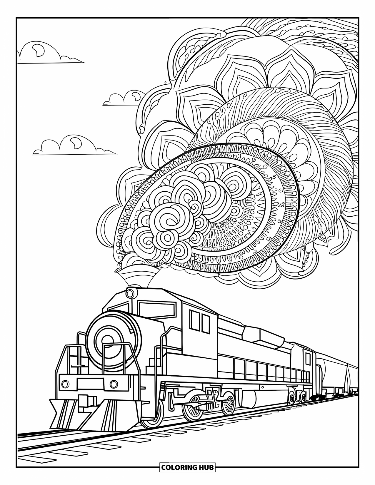 Desen de colorat cu mijloace de transport pentru adulți: Un tren cu roți mari pufăie în sus în abur mandala rotitor sub un cer senin