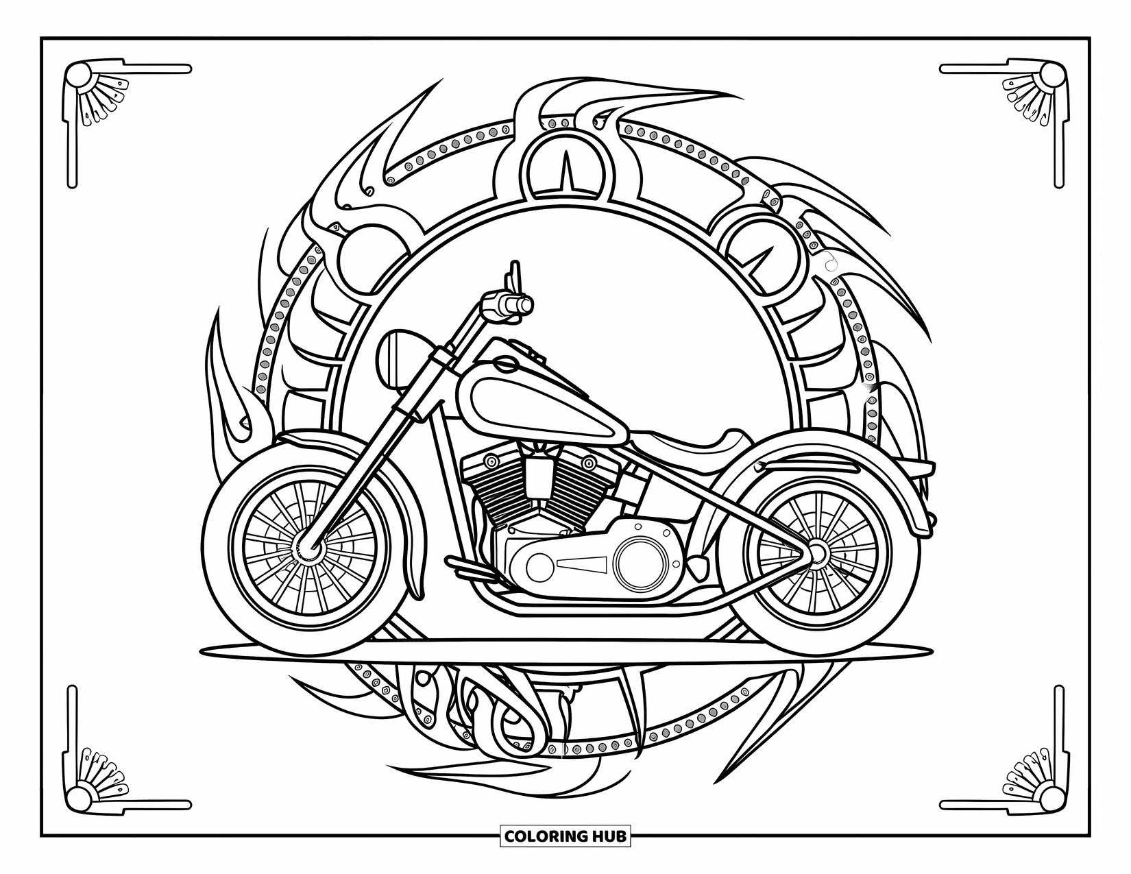 Desen de colorat cu mijloace de transport pentru adulți: O motocicletă este încadrată de modele detaliate de roți dințate, lanțuri și flăcări aprinse