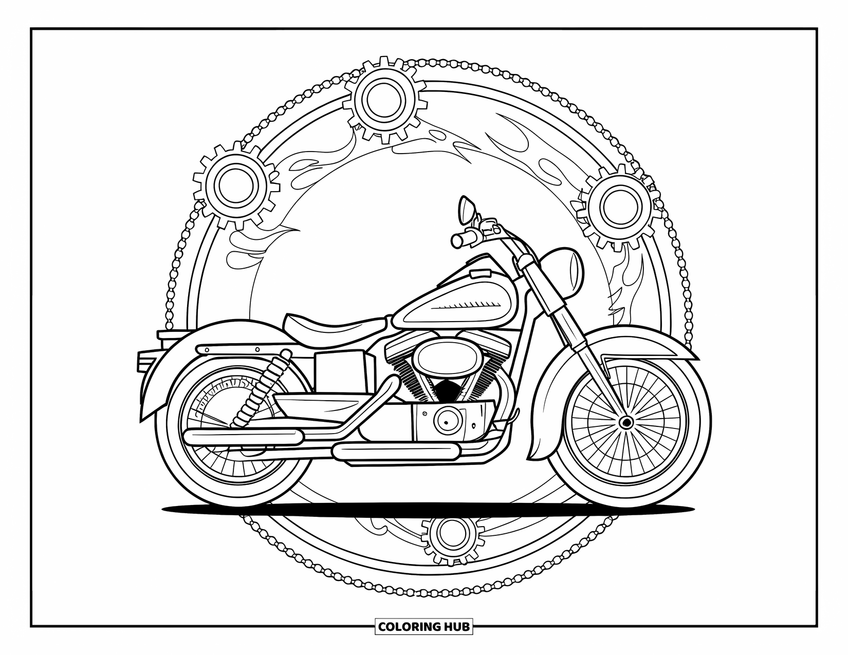 Desen de colorat cu mijloace de transport pentru adulți: O motocicletă stă îndrăzneț în interiorul unui cerc de roți dințate, lanțuri și flăcări