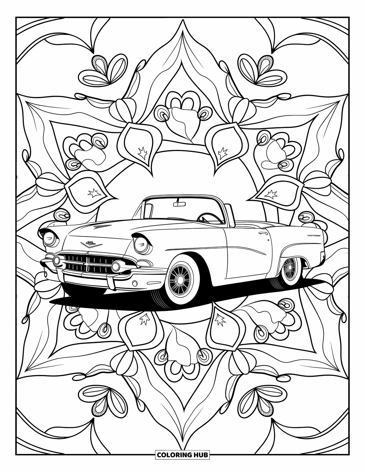 Desen de colorat cu mijloace de transport pentru adulți: O decapotabilă rotundă se află într-o mandala detaliată cu inimi, stele și spirale