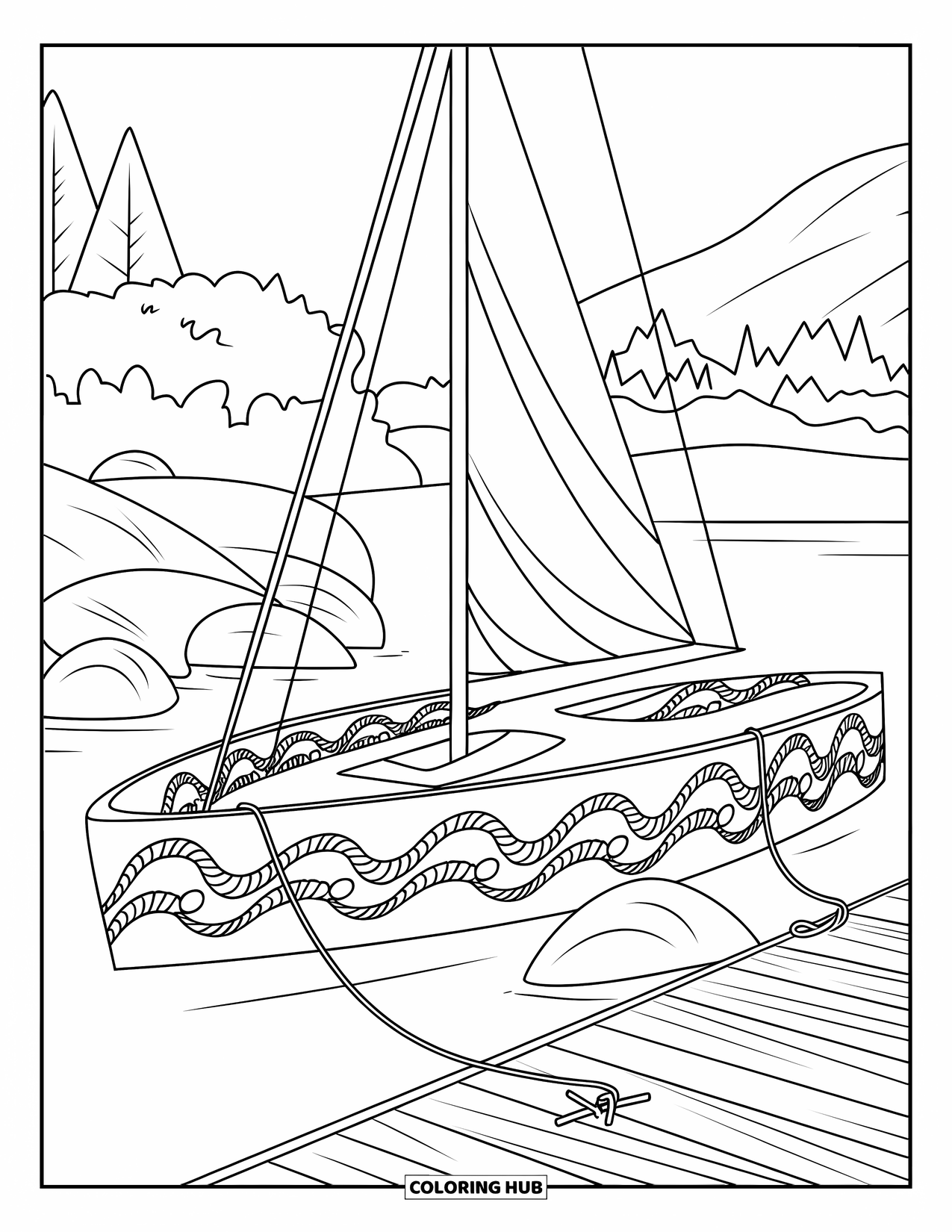 Desen de colorat cu mijloace de transport pentru adulți: O barcă cu pânze este andocată cu mandale de frânghii și valuri în jurul cadrului său calm