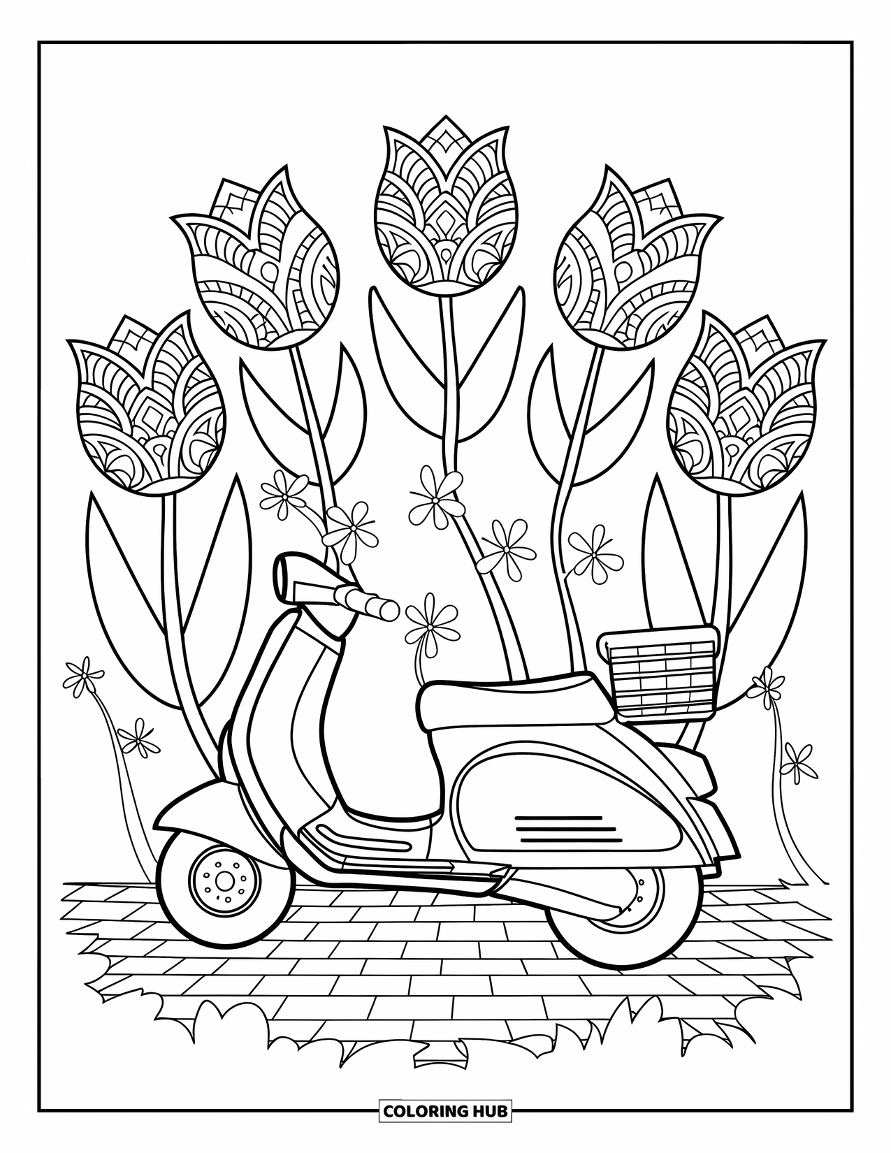 Desen de colorat cu mijloace de transport pentru adulți: O trotinetă cu un coș din spate se odihnește printre mandale de lalele și flori sălbatice