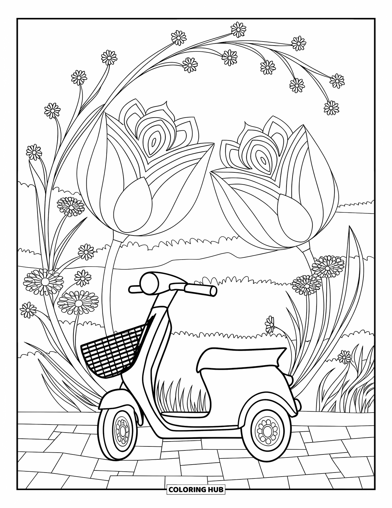 Desen de colorat cu mijloace de transport pentru adulți: O trotinetă cu un coș frontal stă pe o potecă mărginită de mandale și flori