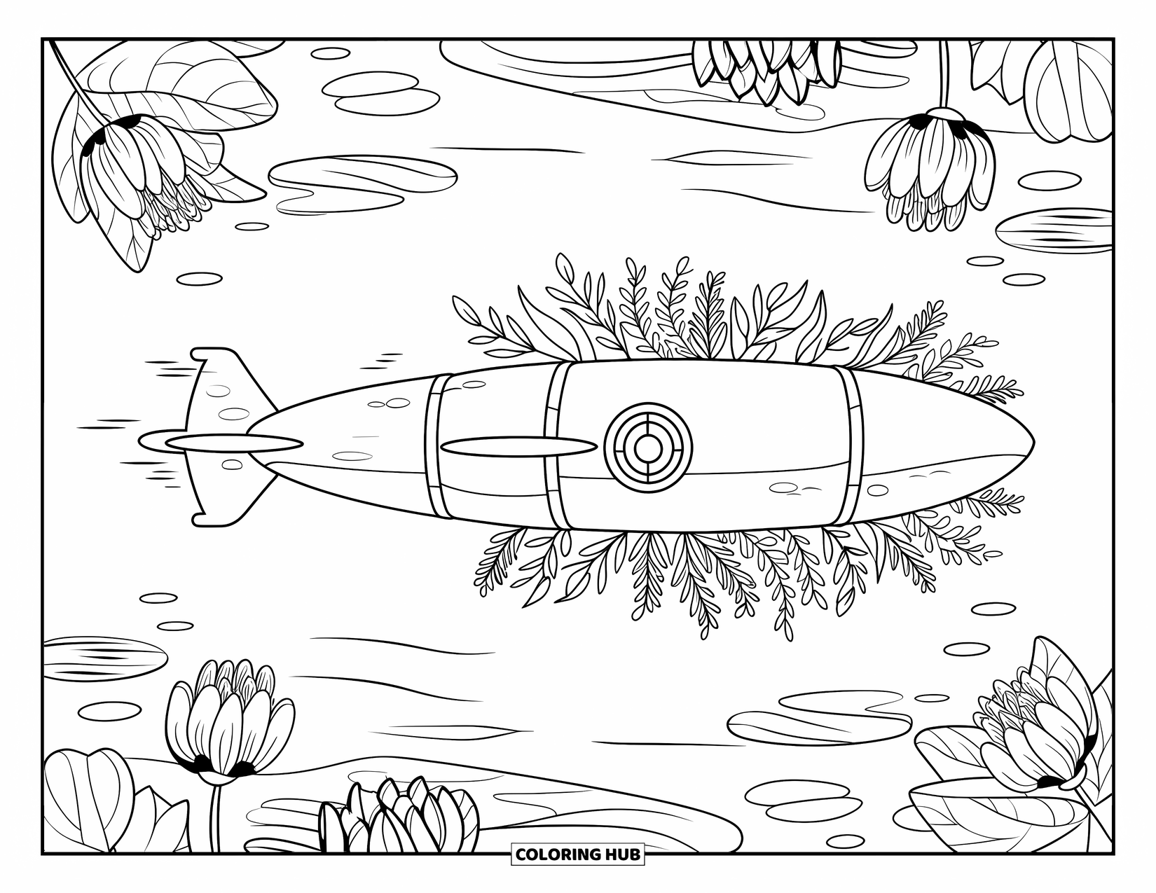 Desen de colorat cu mijloace de transport pentru adulți: Un submarin lent cu o elice se deplasează pe lângă crini de apă și un fund nisipos al lacului