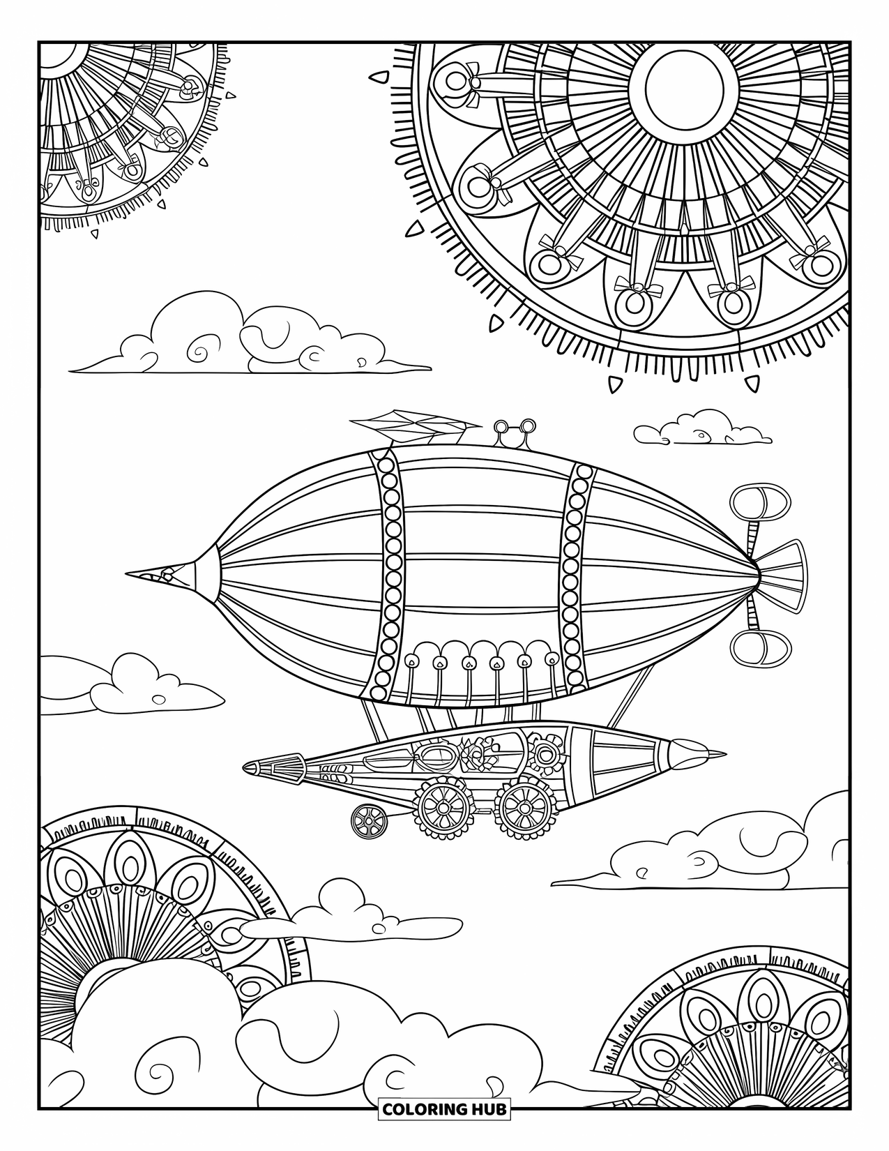 Desen de colorat cu mijloace de transport pentru adulți: Un dirijabil steampunk plutește cu roți dințate și țevi pe un cer plin de mandale