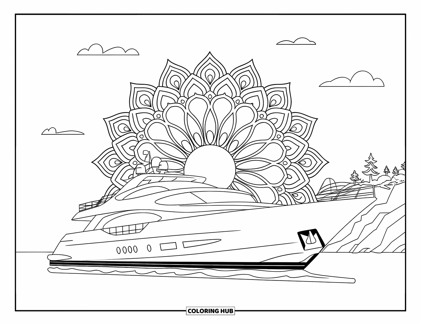 Desen de colorat cu mijloace de transport pentru adulți: Un iaht plutește lângă stânci cu o mandala detaliată și un cer senin deasupra