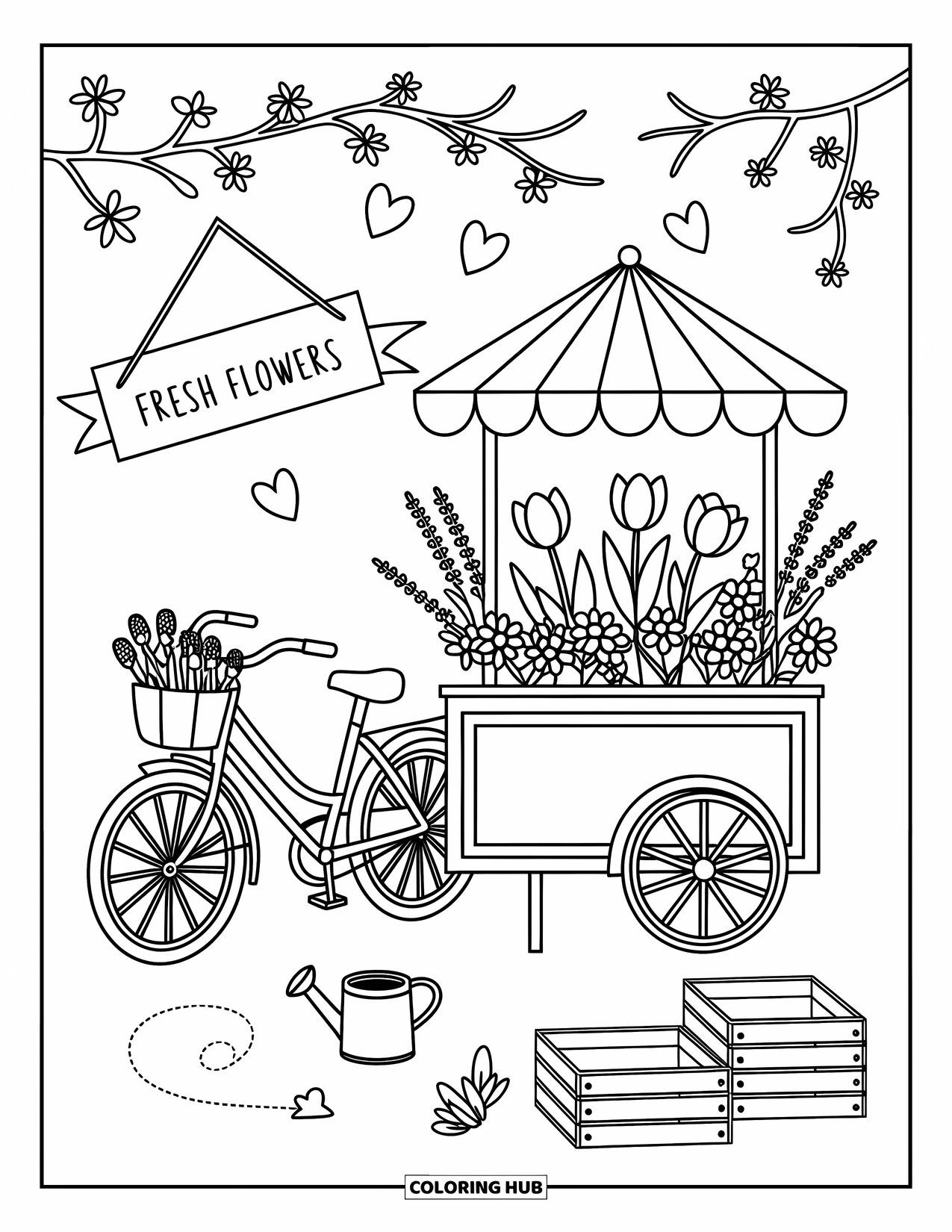 Desen de colorat cu mijloace de transport pentru adulți: Bicicletă lângă căruciorul plin de flori cu lalele, margarete și un semn cu panglică