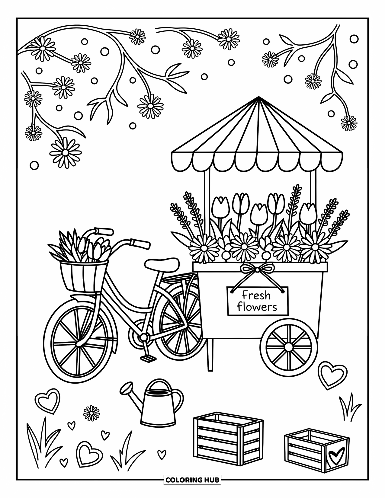 Desen de colorat cu mijloace de transport pentru adulți: Bicicletă lângă un cărucior cu flori și o stropitoare, înconjurată de flori și inimioare desenate cu creta