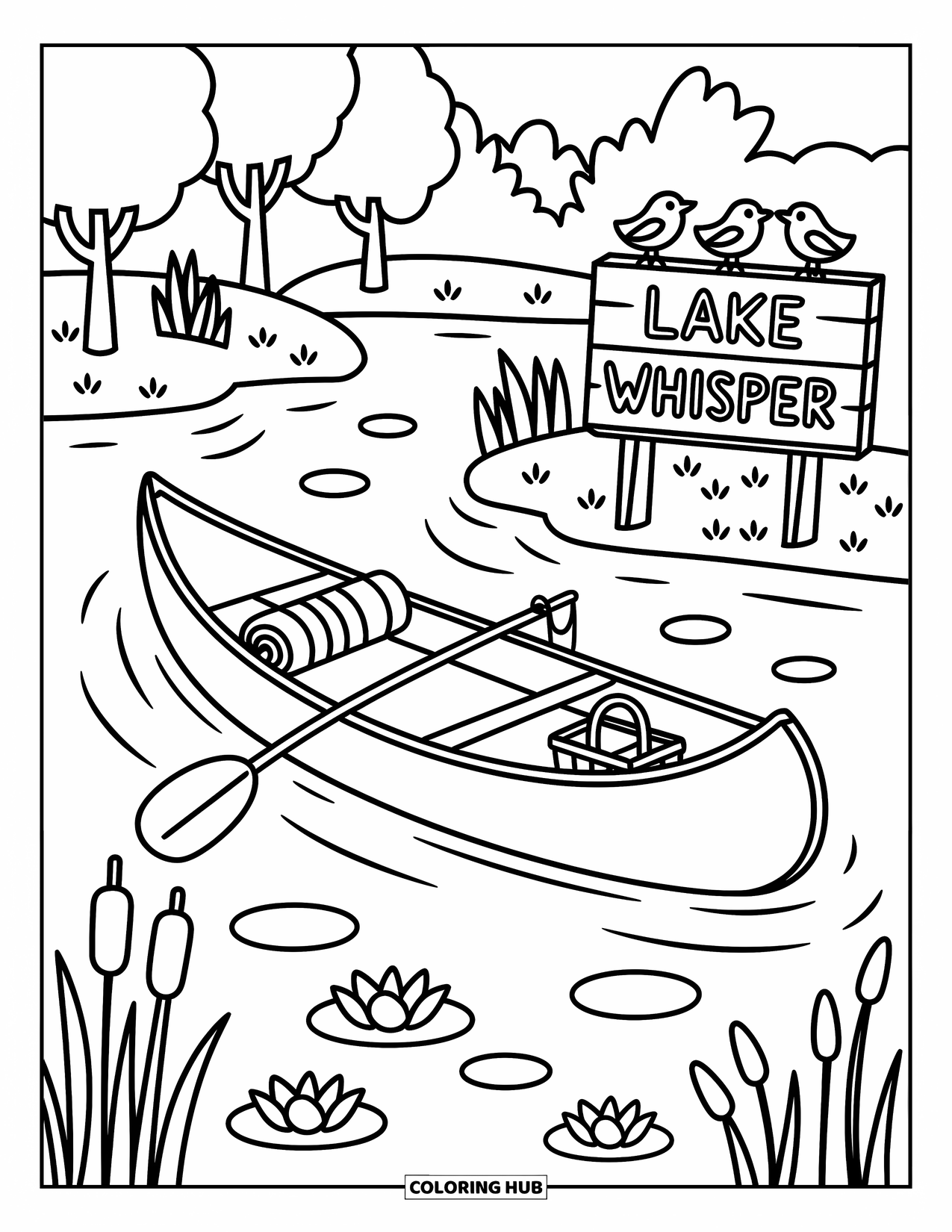 Desen de colorat cu mijloace de transport pentru adulți: Canoe care alunecă pe un lac calm, lângă nuferi, obiecte de picnic și un indicator marcat cu „Șoapte de lac”