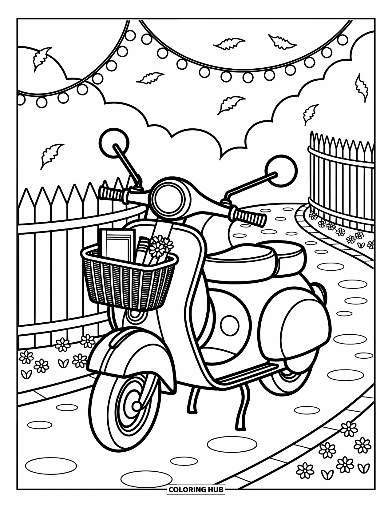 Desen de colorat cu mijloace de transport pentru adulți: Scenă fermecătoare cu trotinetă cu jurnal, buchet și luminițe între copaci