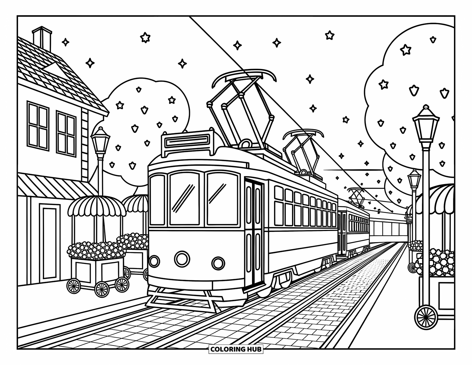Desen de colorat cu mijloace de transport pentru adulți: Tramvai fermecător care trece pe lângă magazine vechi cu stâlpi de iluminat, cărucioare cu flori și stele plutitoare deasupra