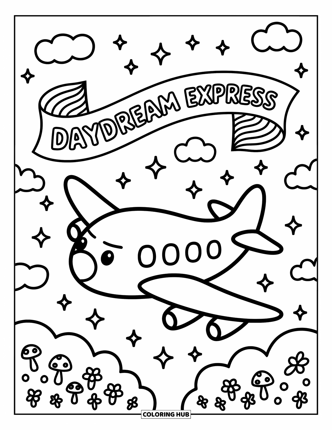 Desen de colorat cu mijloace de transport pentru adulți: Avion drăguț cu banner care zboară deasupra stelelor și detalii capricioase ale norilor