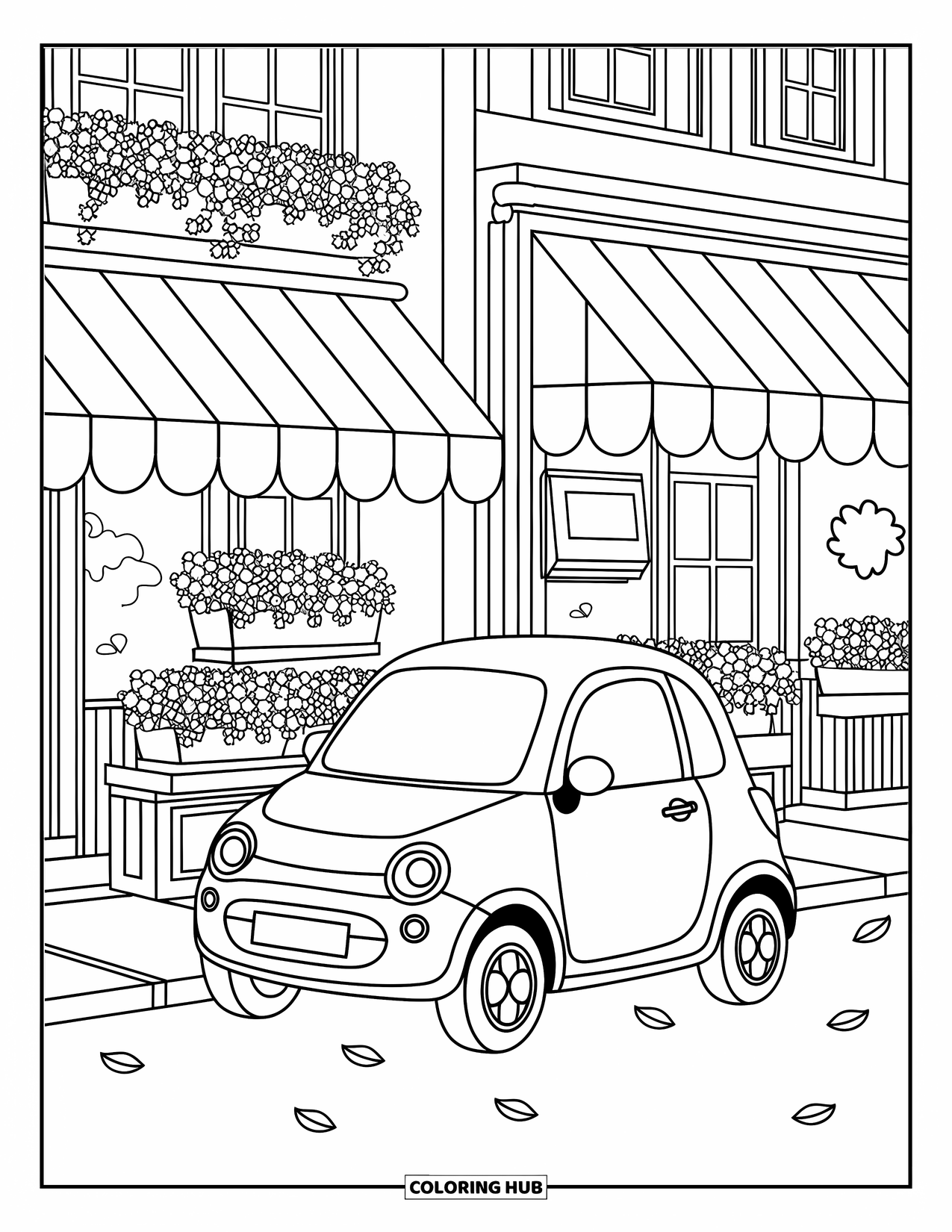 Desen de colorat cu mijloace de transport pentru adulți: O mașină drăguță se odihnește lângă o florărie cu copertine, plante în ghivece și o cutie poștală