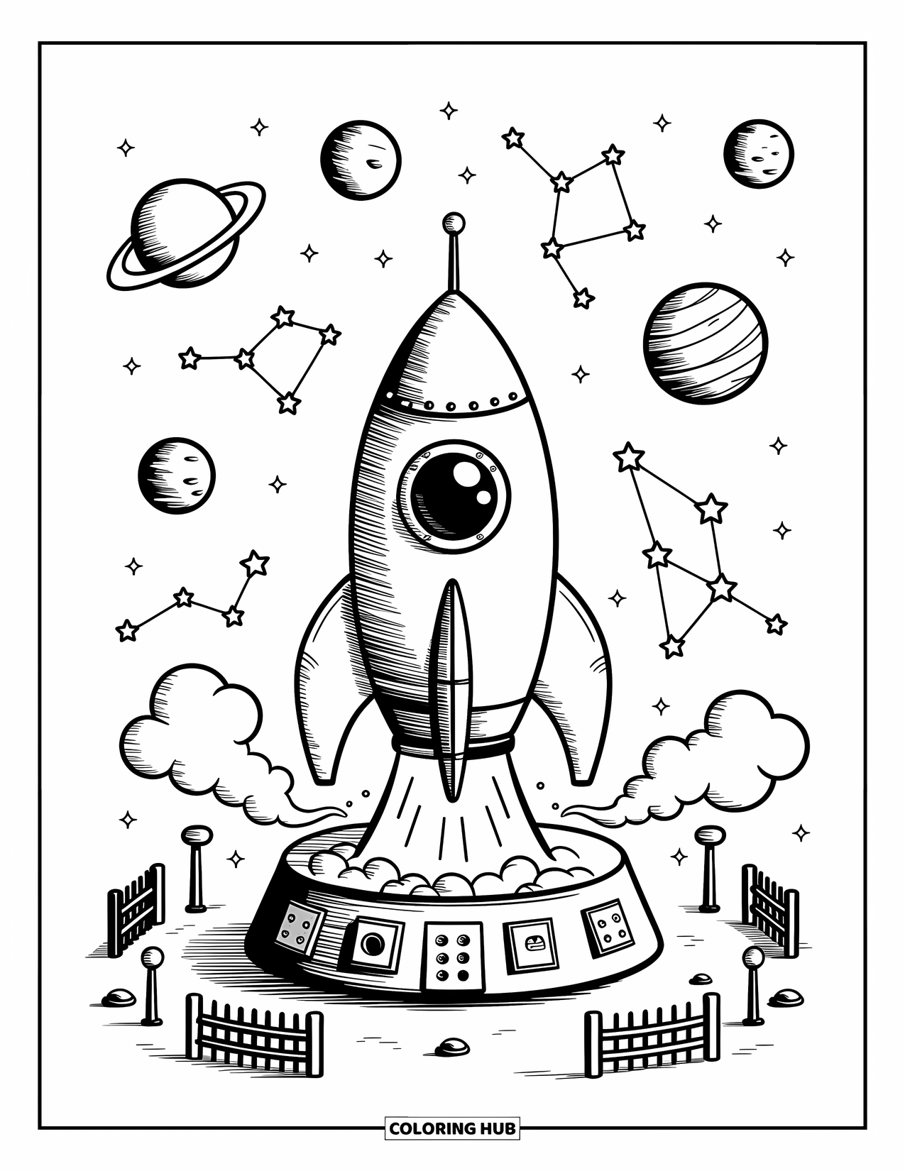 Desen de colorat cu mijloace de transport pentru adulți: Rachetă drăguță care decolează înconjurată de stele, luni și antene parabolice