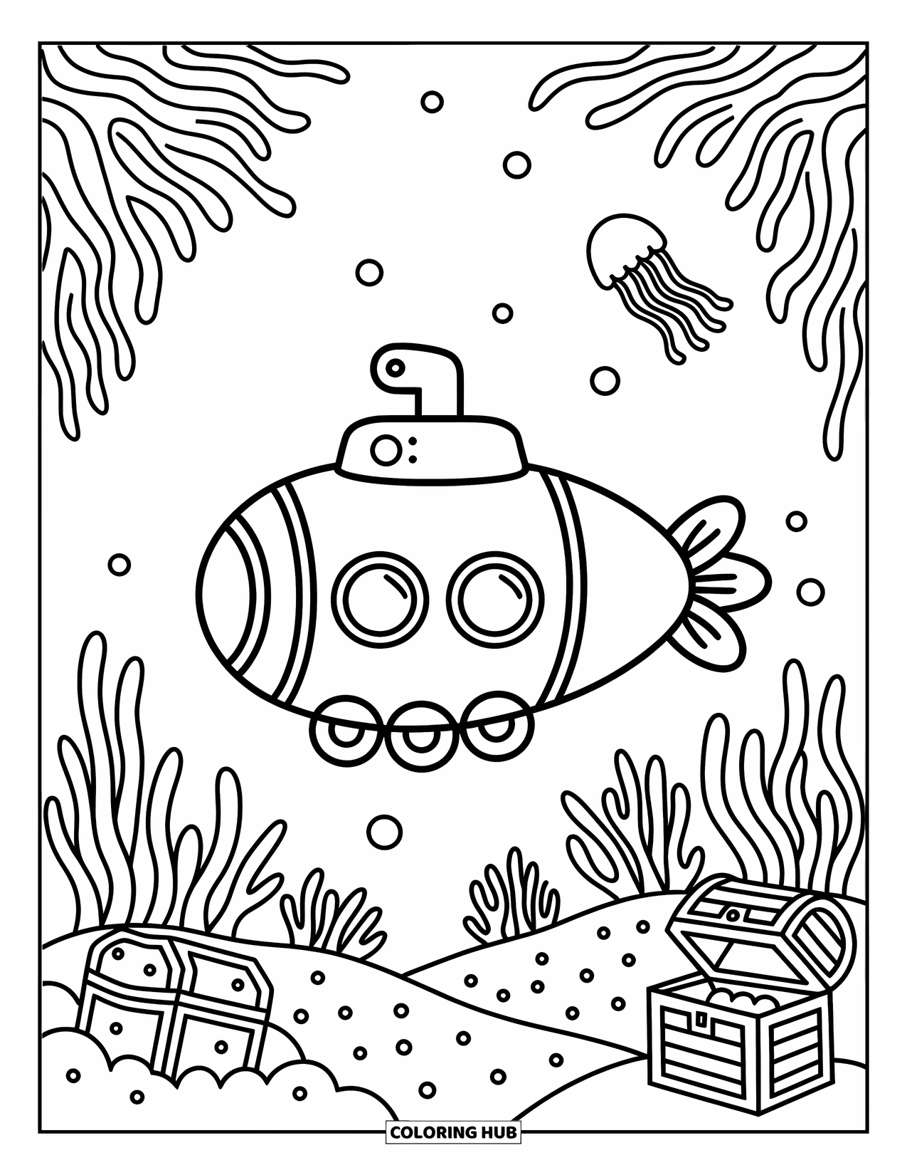 Desen de colorat cu mijloace de transport pentru adulți: Submarin drăguț înconjurat de recife, pești mici și o meduză plutitoare