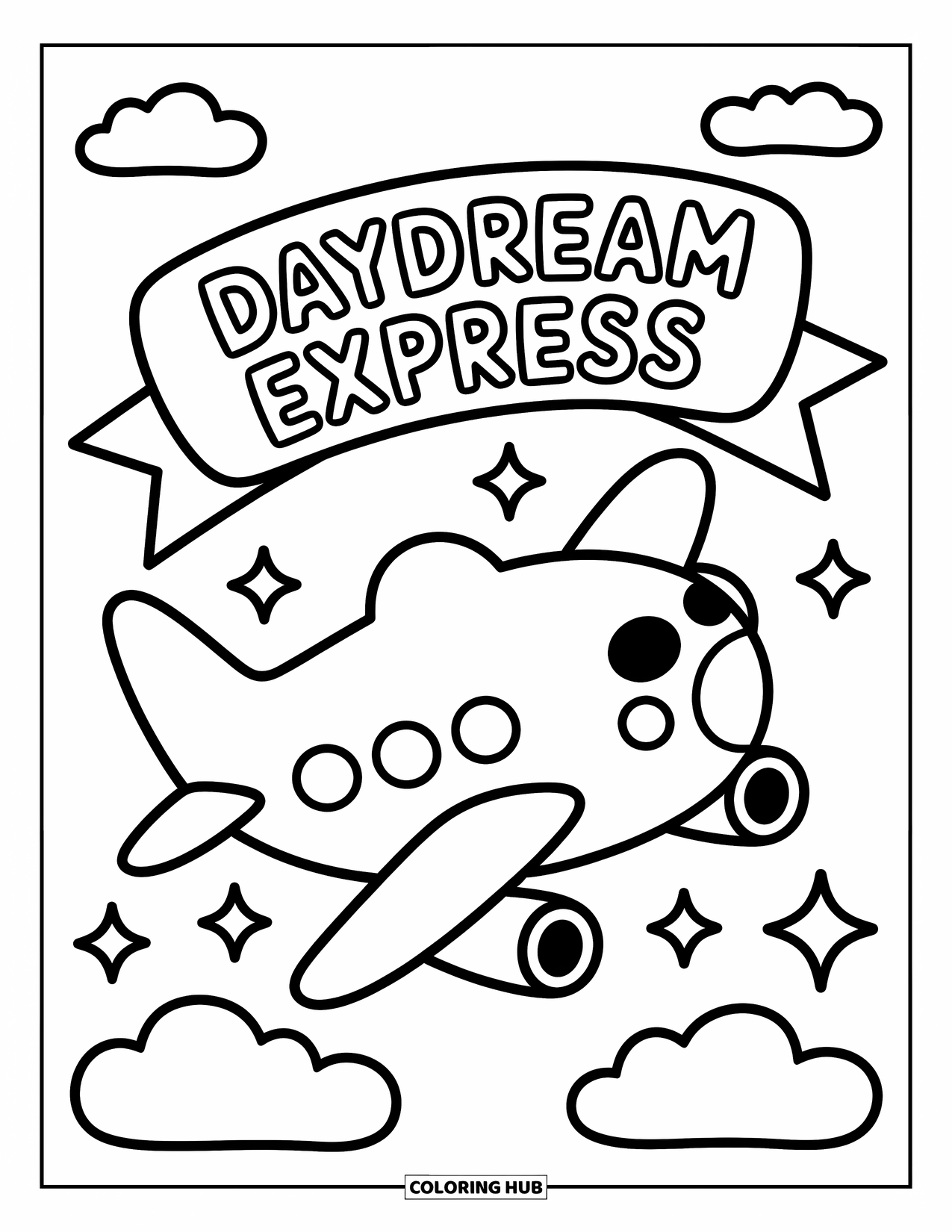 Desen de colorat cu mijloace de transport pentru adulți: Avionul Daydream Express zboară deasupra norilor cu sclipici și forme pufoase