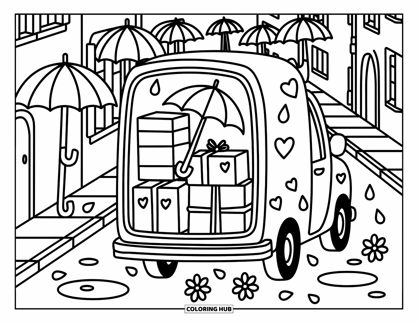 Desen de colorat cu mijloace de transport pentru adulți: Camion de livrare care conduce încet prin bălți, petale și clădiri cu umbrele