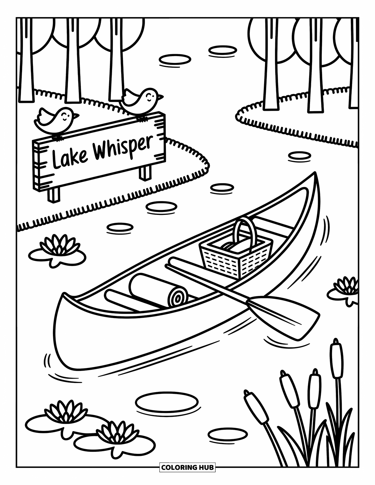 Desen de colorat cu mijloace de transport pentru adulți: Scenă liniștită cu un lac, canoe, coș de picnic și păsări în jurul unui indicator cu mesajul „Șoapte de lac”