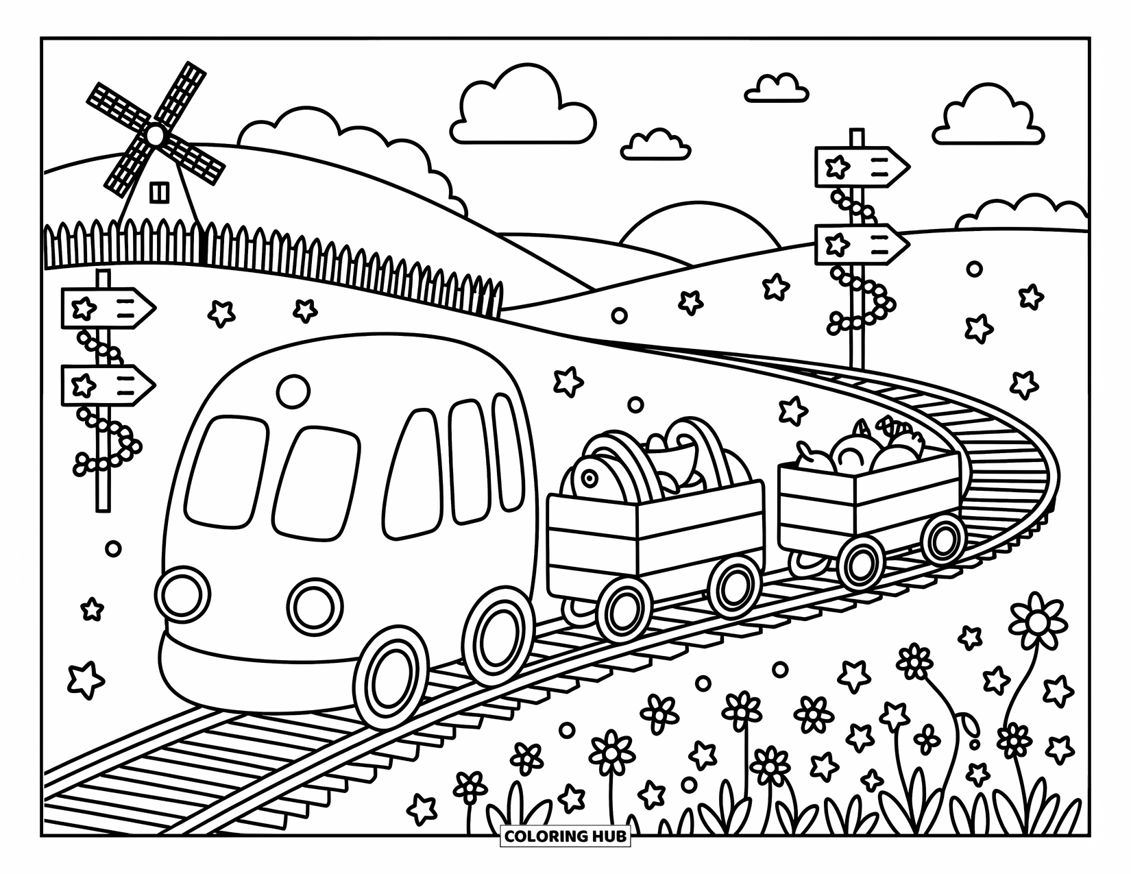 Desen de colorat cu mijloace de transport pentru adulți: Un tren mic jucăuș se deplasează printr-o potecă pitorească cu lăzi, flori și o moară de vânt