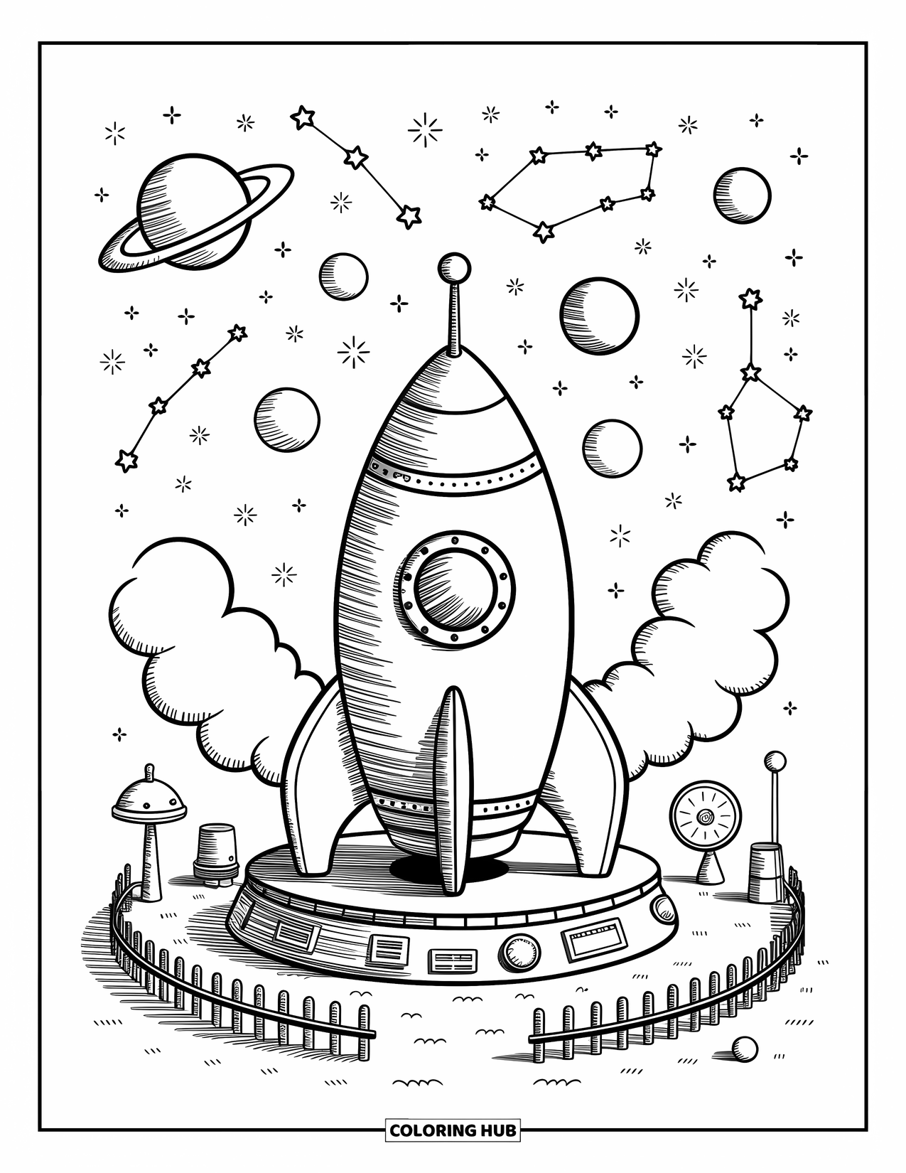 Desen de colorat cu mijloace de transport pentru adulți: Rachetă lansată cu stele aburite și planete plutind pe cerul nocturn capricios