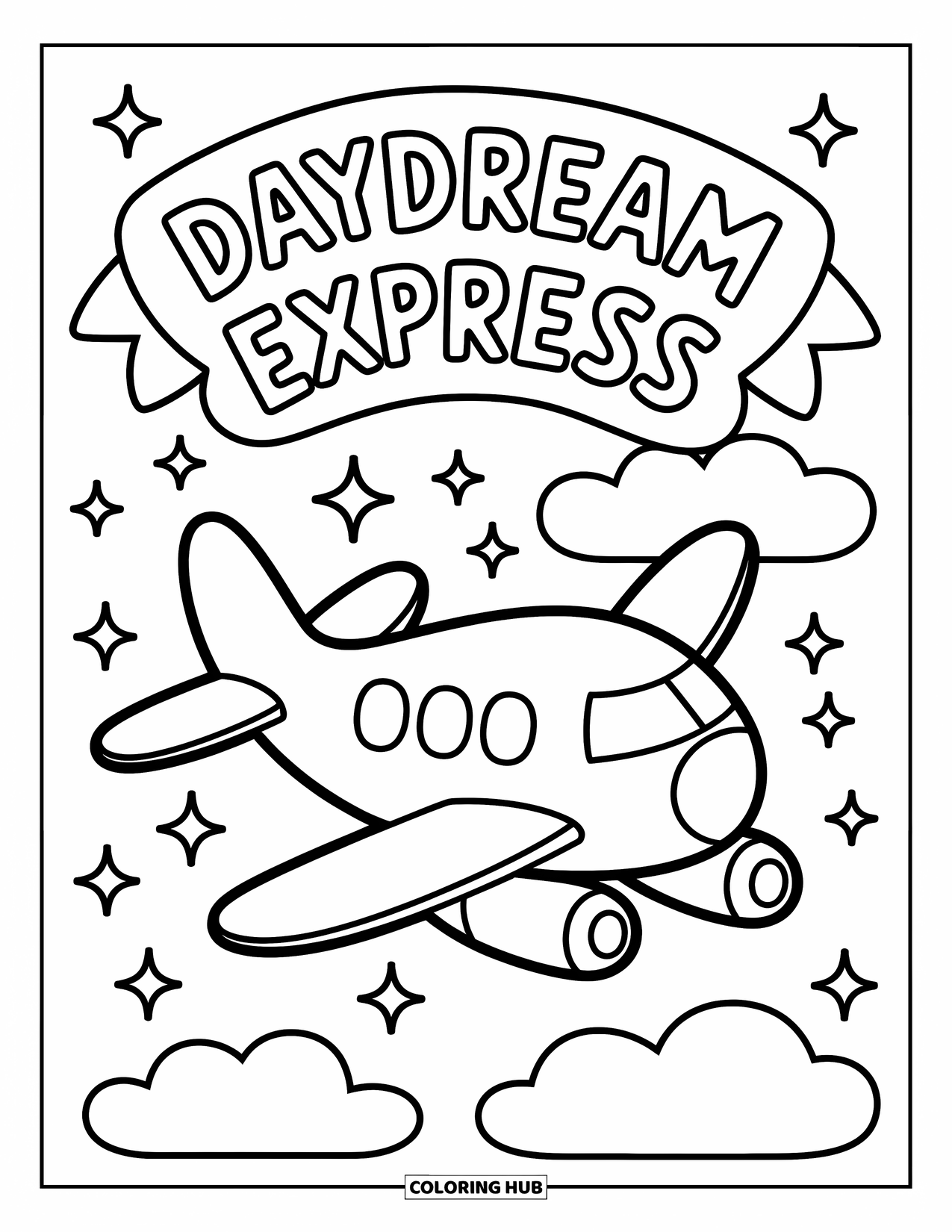 Desen de colorat cu mijloace de transport pentru adulți: Avion rotunjit cu banner și ceruri sclipitoare pe care scrie „Daydream Express”