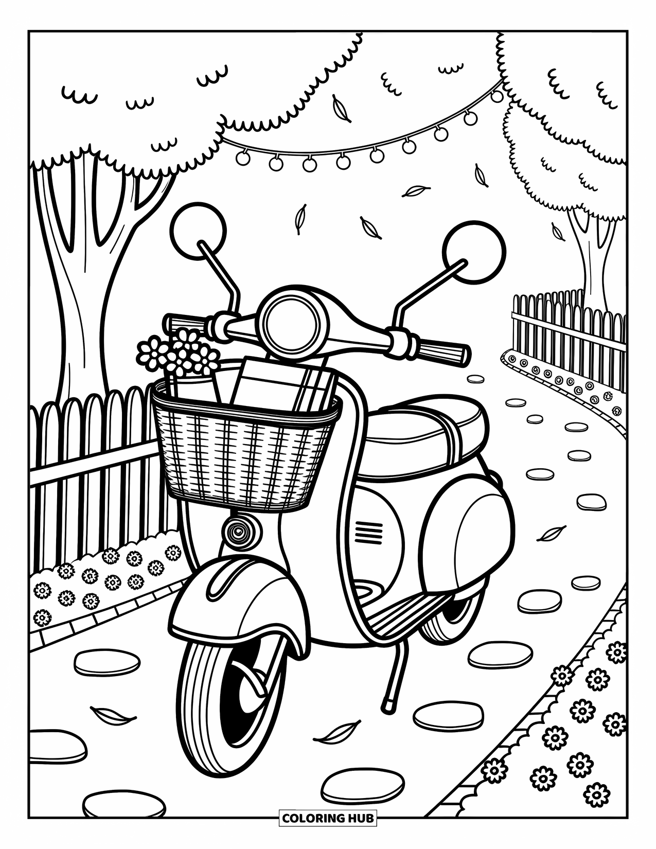 Desen de colorat cu mijloace de transport pentru adulți: Trotinetă care se deplasează printr-o potecă curbată cu luminițe și un coș cu obiecte confortabile