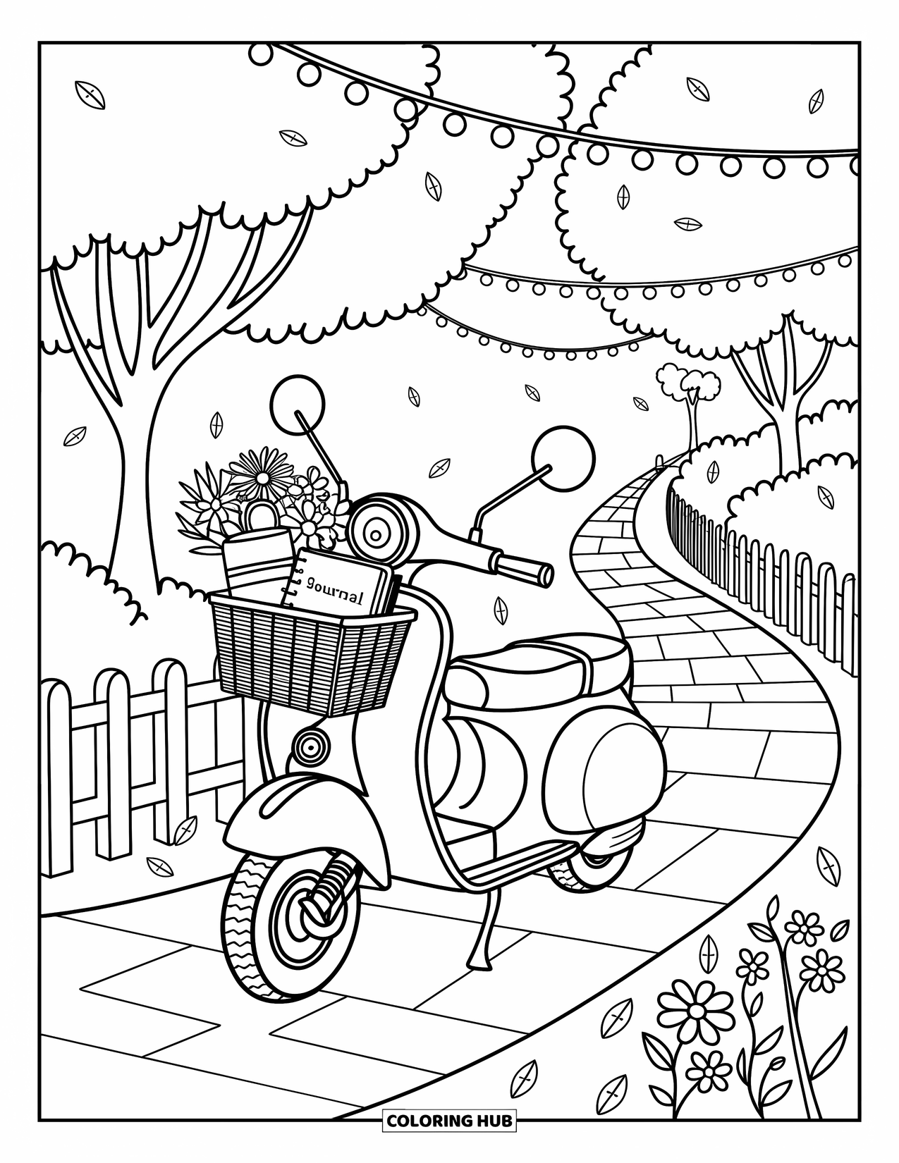 Desen de colorat cu mijloace de transport pentru adulți: Trotinetă care trece pe lângă straturi de flori și garduri cu un coș cu jurnal, flori și termos