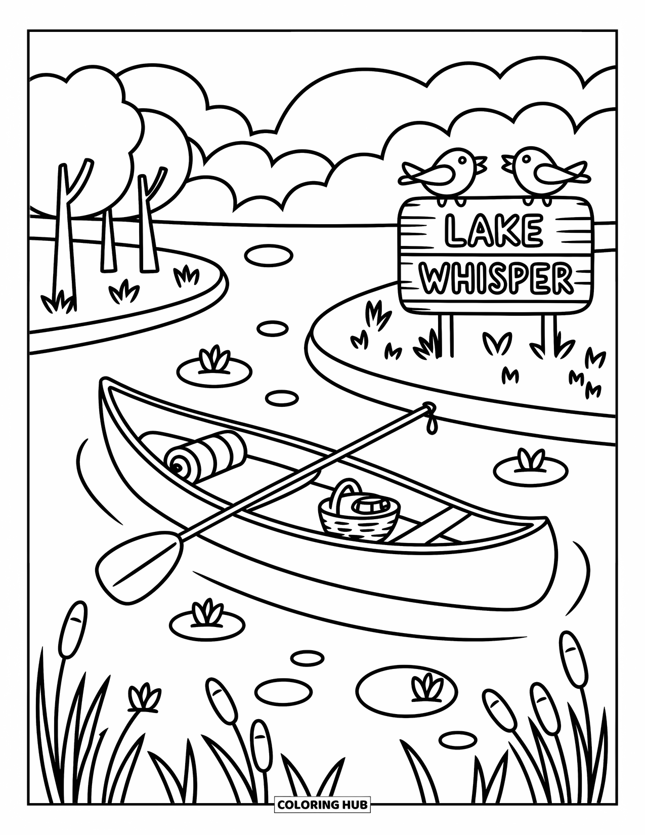 Desen de colorat cu mijloace de transport pentru adulți: Canoe senină care plutește pe lângă nuferi și păsări jucăușe cocoțate pe un indicator de pe malul lacului