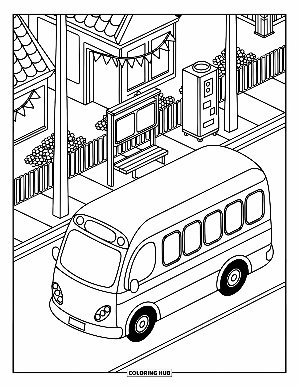 Desen de colorat cu mijloace de transport pentru adulți: Autobuz mic de oraș care se odihnește lângă o stație confortabilă cu automat de vânzare și gard plin de flori