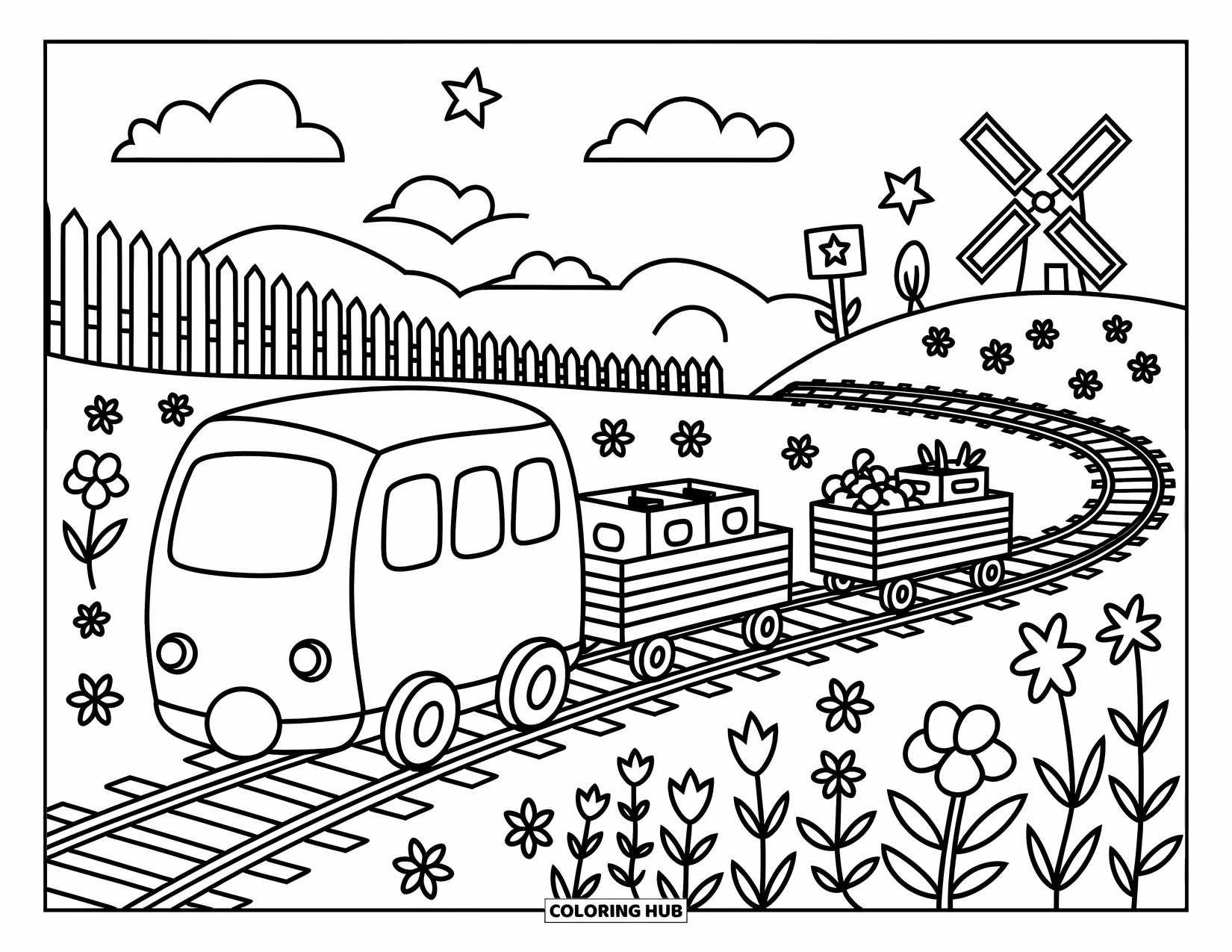 Desen de colorat cu mijloace de transport pentru adulți: Un tren mic cu încărcătură de picnic rulează prin dealuri și flori sălbatice, lângă o moară de vânt și indicatoare