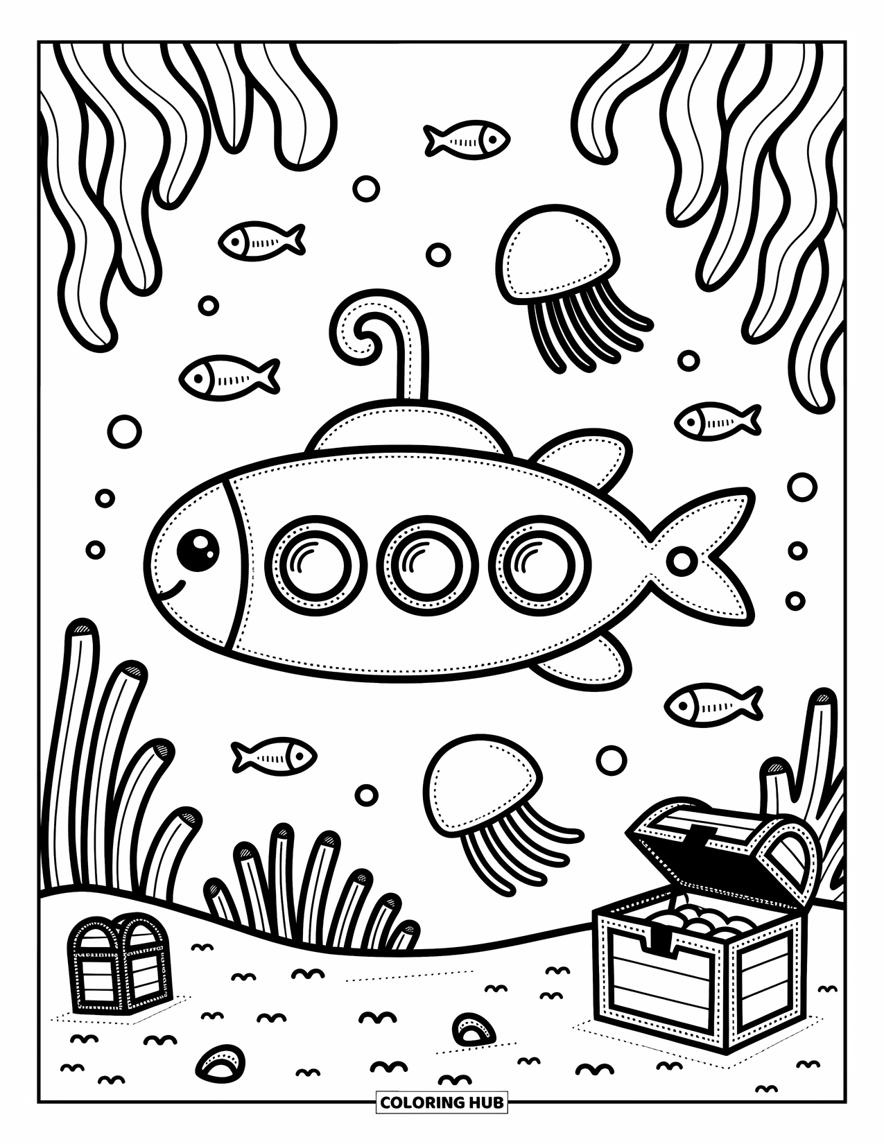 Desen de colorat cu mijloace de transport pentru adulți: Submarin care înoată lângă recife, alge marine și creaturi marine blânde