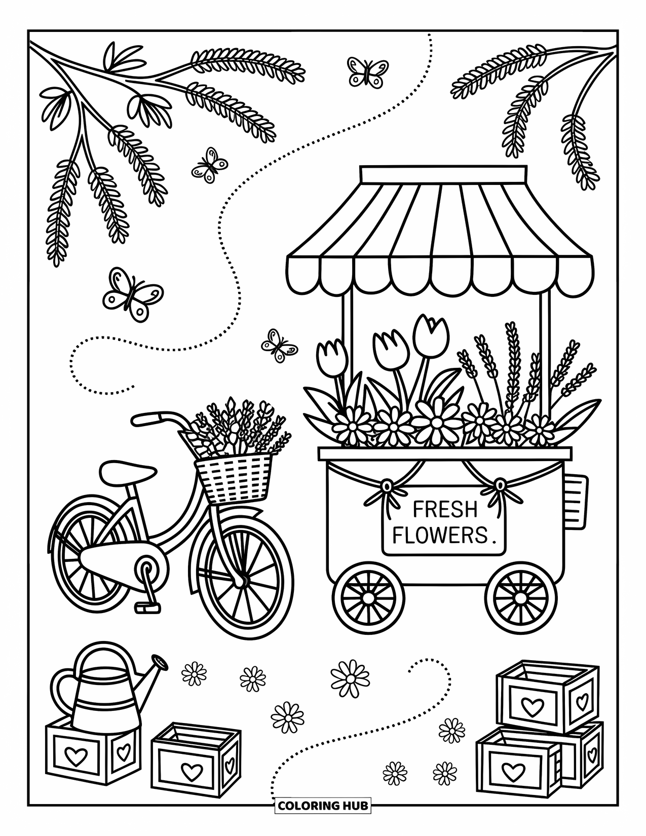 Desen de colorat cu mijloace de transport pentru adulți: Bicicletă vintage cu cărucior cu flori, așezată sub un baldachin în dungi plin cu flori
