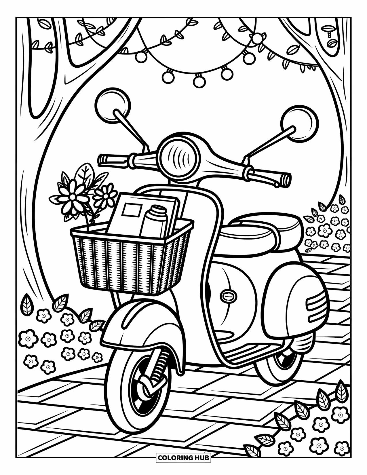 Desen de colorat cu mijloace de transport pentru adulți: Trotinetă capricioasă cu flori și lumini care merge pe o potecă de grădină mărginită cu piatră