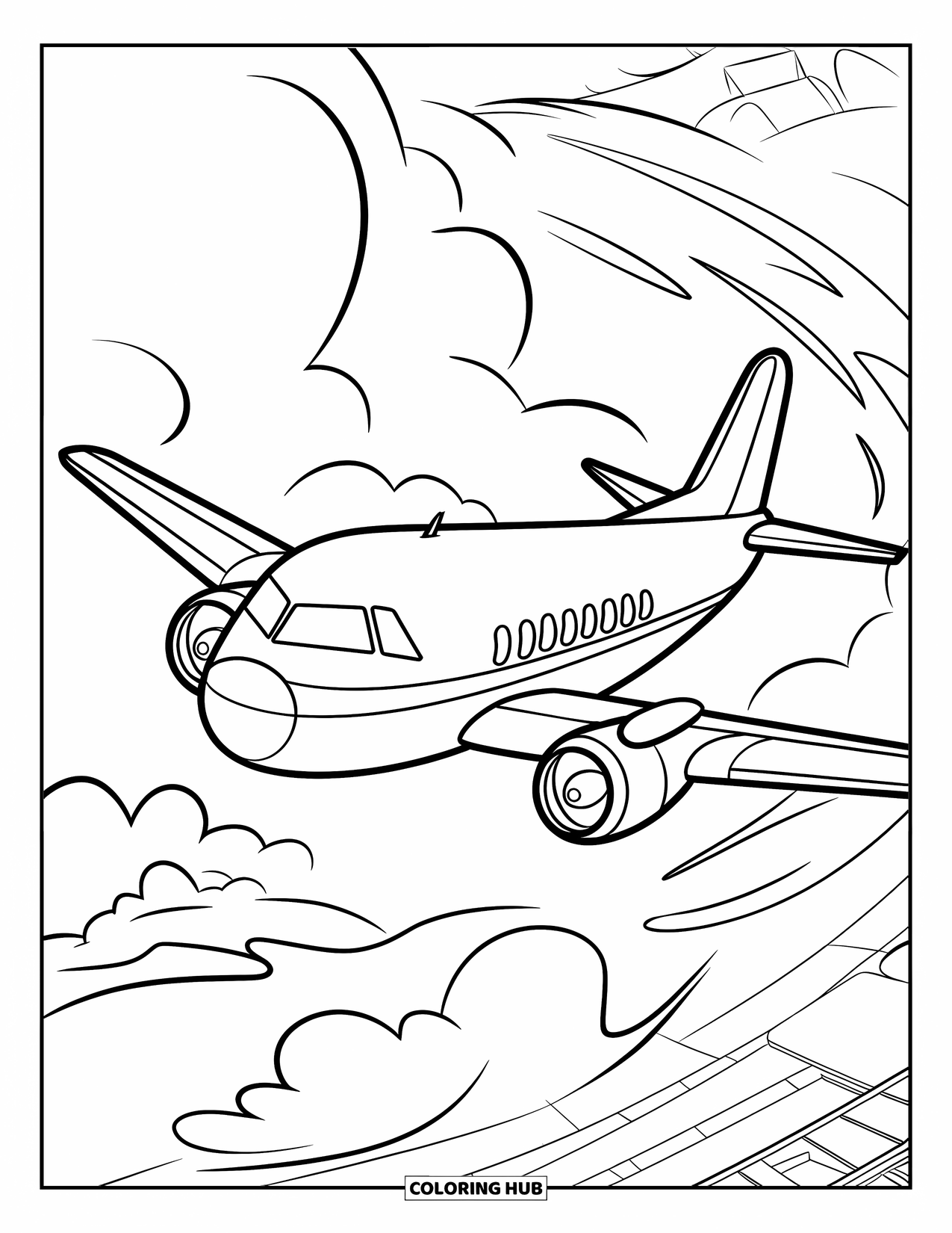Desen de colorat cu mijloace de transport pentru copii: Avion care zboară deasupra norilor, a copacilor și a unei ape liniștite