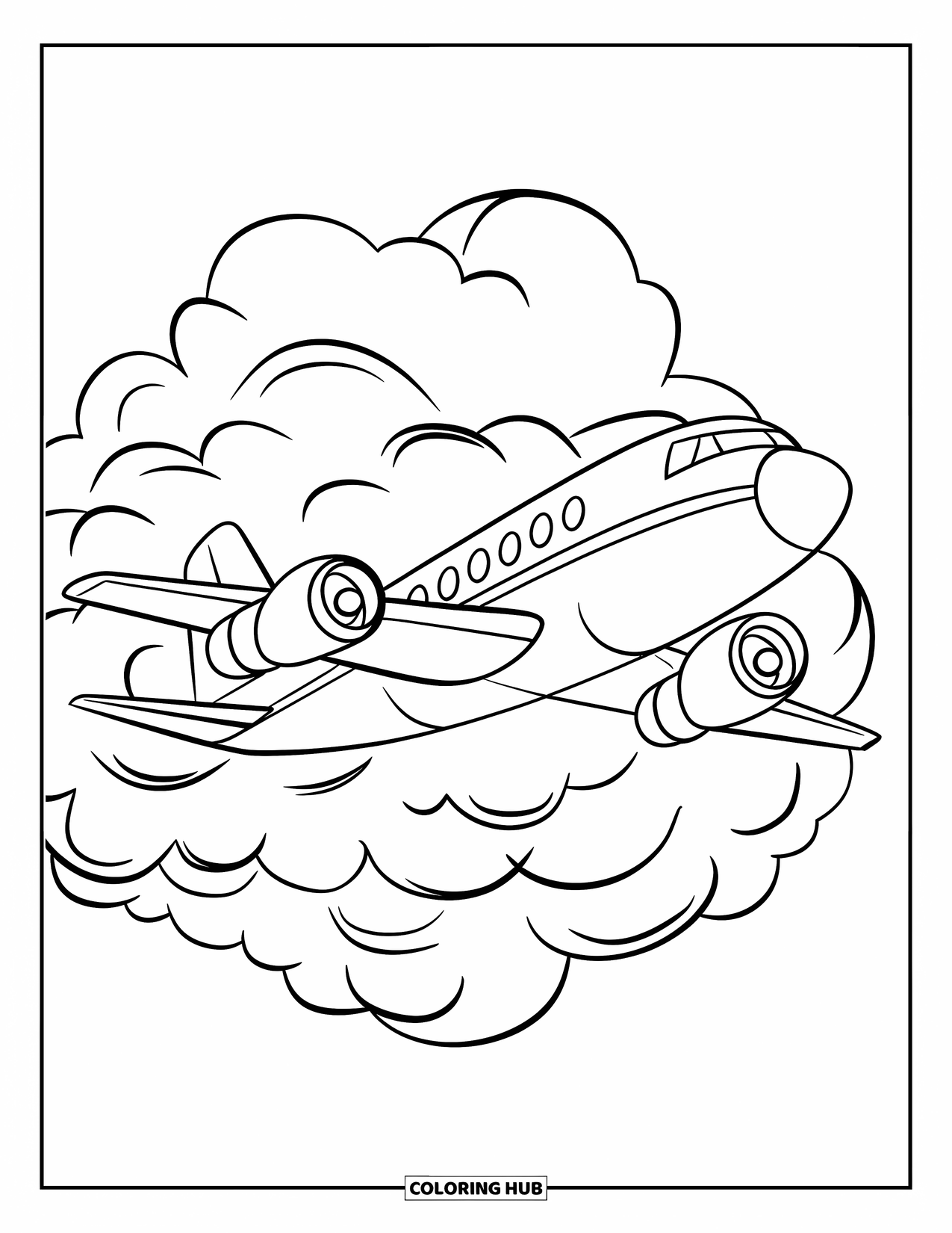 Desen de colorat cu mijloace de transport pentru copii: Avion care zboară prin cer senin deasupra unui singur nor