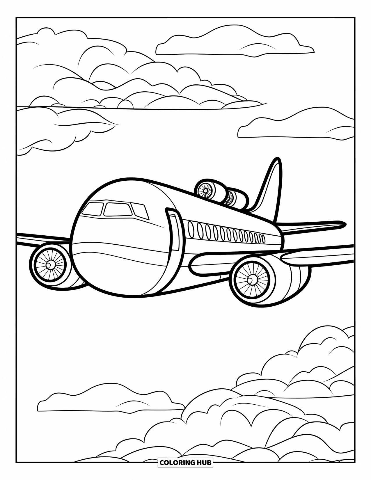Desen de colorat cu mijloace de transport pentru copii: Avion care zboară cu nas rotund și nori pufoși peste tot