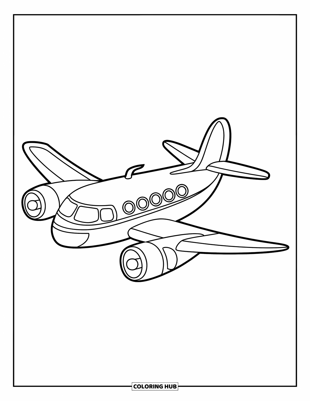 Desen de colorat cu mijloace de transport pentru copii: Avion cu două motoare care zboară pe un cer luminos și deschis